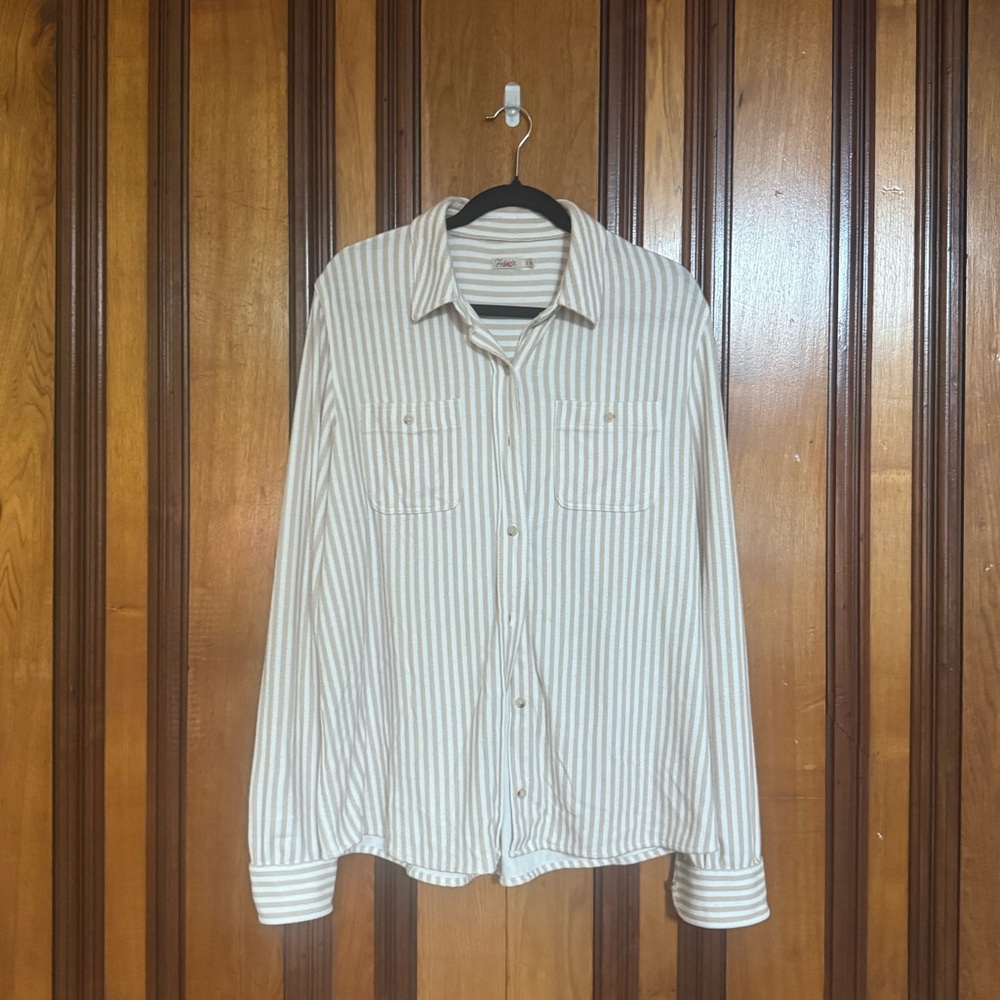This is a Faherty Legend sweater shirt in a tannin stripe pattern.